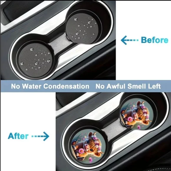 Car Coasters with Cute Highland Cow Design, One Size, Brown/Green - Picture 3 of 5